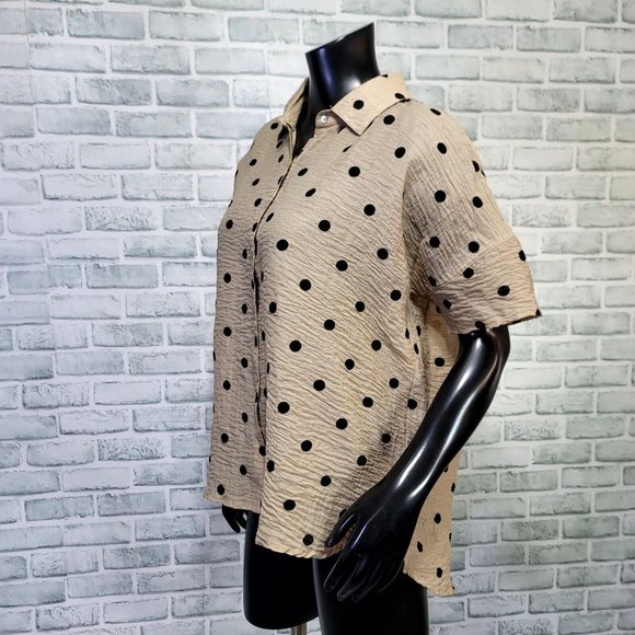 Mododoc Womens S Tan Black Polka Dot Gauze‎ Knit Button Front Oversized Popover - Picture 2 of 6